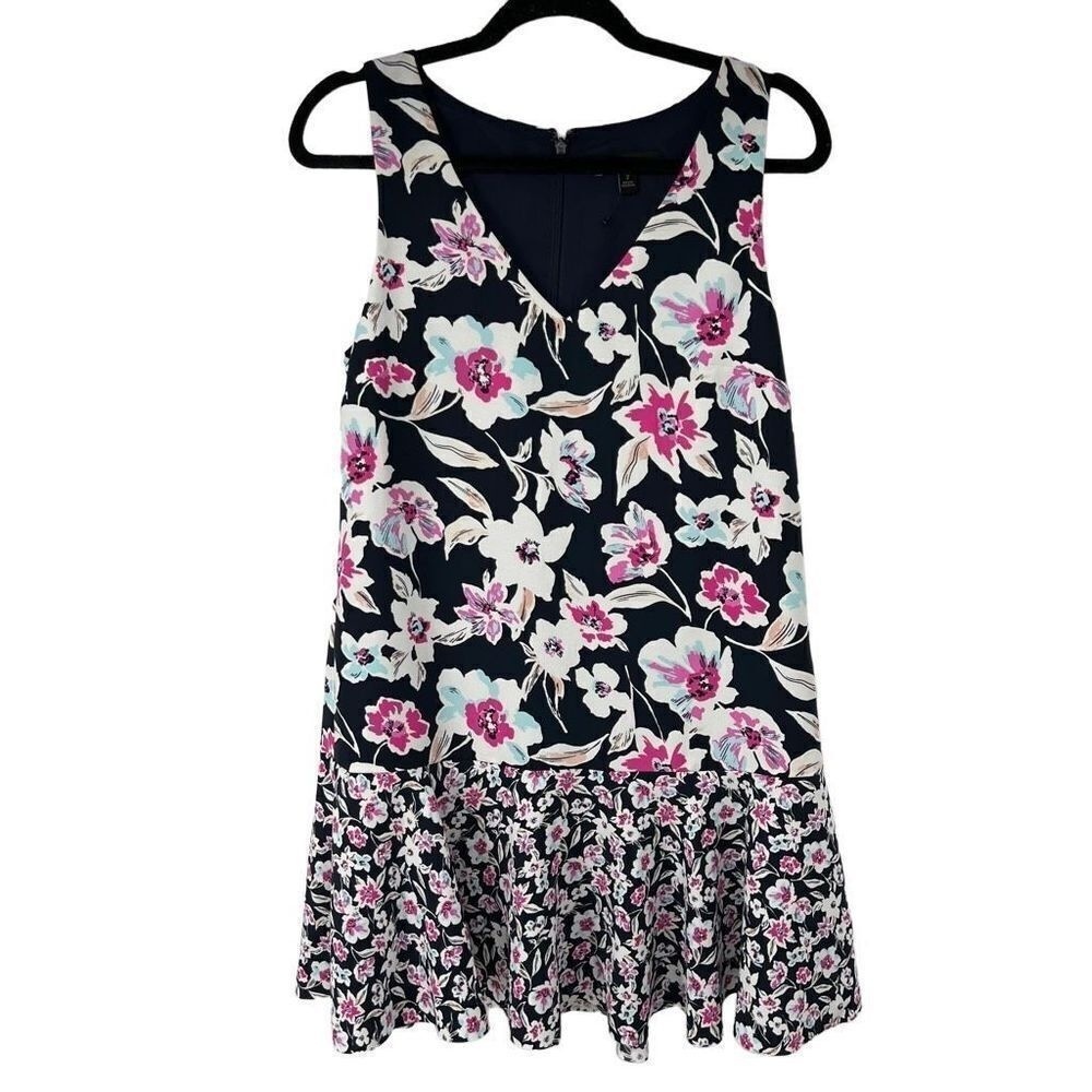 Banana Republic Navy Blue Pink Floral Flounce Hem Dress Womens 2